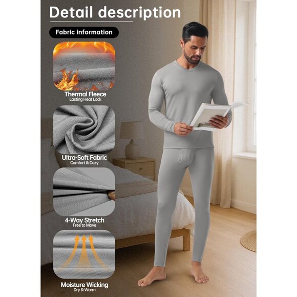 Thermal Underwear for Men Long Johns Thermal Fleece Lined Long Underwear Base La - Picture 3 of 5